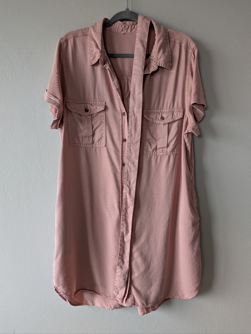 Blush Pink Short Sleeve Button Up Utility Shirt Women’s Collared Dress Size L